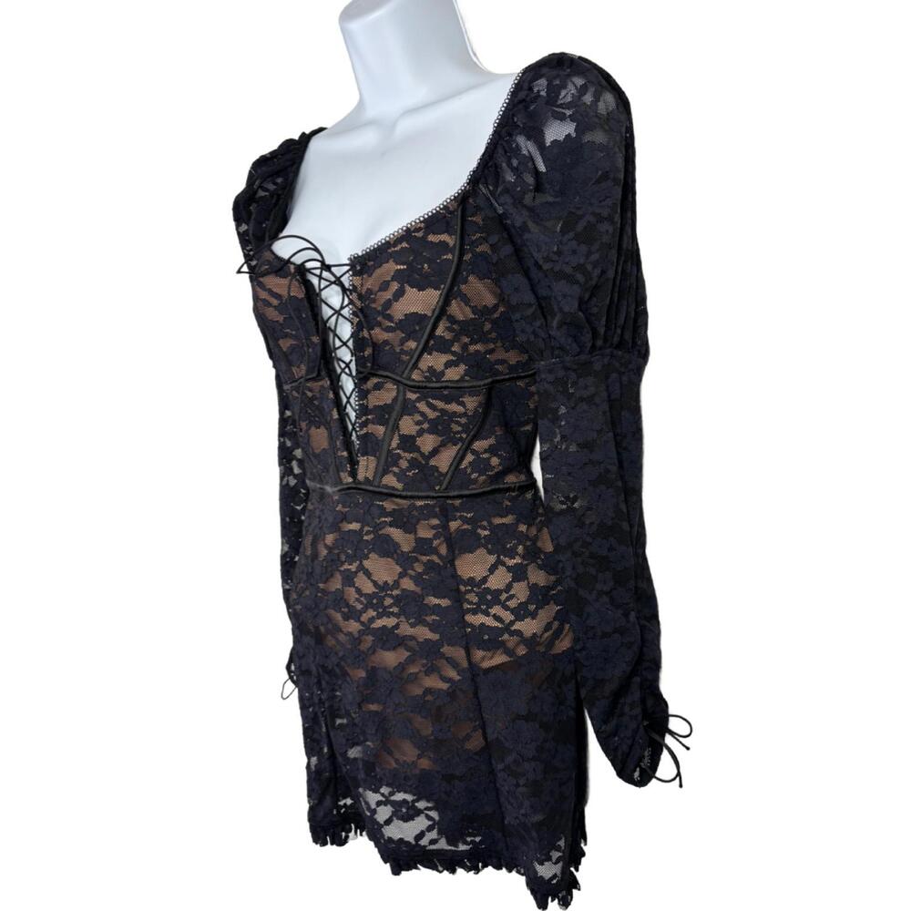 For Love & Lemons Women's Sz S Black Lace Violetta Tie-up Slip Mini Dress( 1945) - Picture 2 of 9
